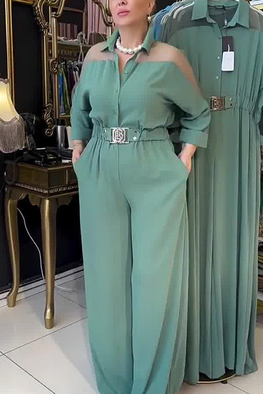 Fashion Mesh Splicing Lapel Long Sleeve Waist Pocket Wide Leg Jumpsuit