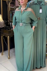 Fashion Mesh Splicing Lapel Long Sleeve Waist Pocket Wide Leg Jumpsuit