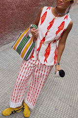 Good Luck Linen Blend Koi Pattern High Rise Elastic Waist Loose Pants