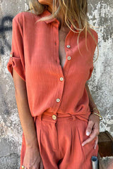 Linen Blend Solid Color Button Lapel Short Sleeve Shirt and Casual Pocket Shorts Set