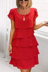 Solid Color Round Neck Short Sleeve Casual Multi-Layered Mini Dress