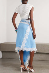 Verve Ribbed Jersey Cutout Waist Asymmetric Satin Lace Hem Maxi Dress