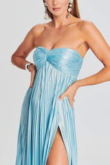 Metallic Sexy Tube Top Pleated High Slit Maxi Dress