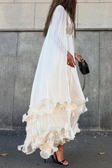 Fashionable V-neck Lace-up Ruffled Double-layer Hem Maxi Dress