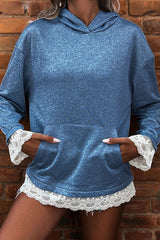 Stylish Lace-trimmed Long-sleeved Pocket Casual Hooded Sweatshirt