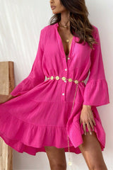 Linen Blend Solid V-Neck Bell Sleeve Casual Mini Dress