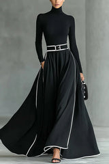 Stylish Color-blocked Trim High-neck Long-sleeved Casual Pockets Maxi Dress