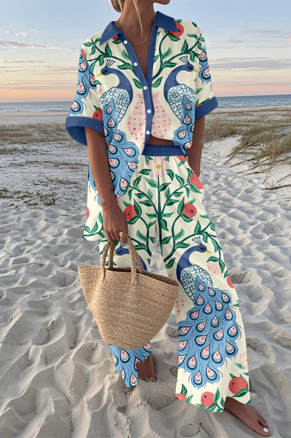 Blue Peacock Print Oversized Shirt and Elastic Waist Pocket Pants Set