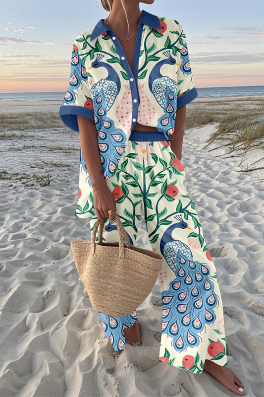 Blue Peacock Print Oversized Shirt and Elastic Waist Pocket Pants Set