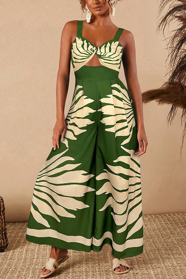 Unique Printed Open Back Pleated Casual Wide-leg Jumpsuit