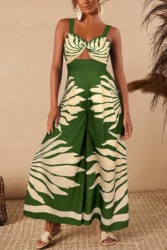 Unique Printed Open Back Pleated Casual Wide-leg Jumpsuit