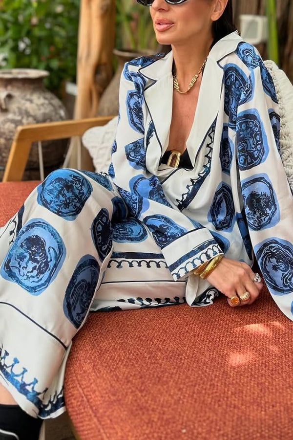 Unique Print Lapel Long Sleeve Shirt and Elastic Waist Wide Leg Pants Set