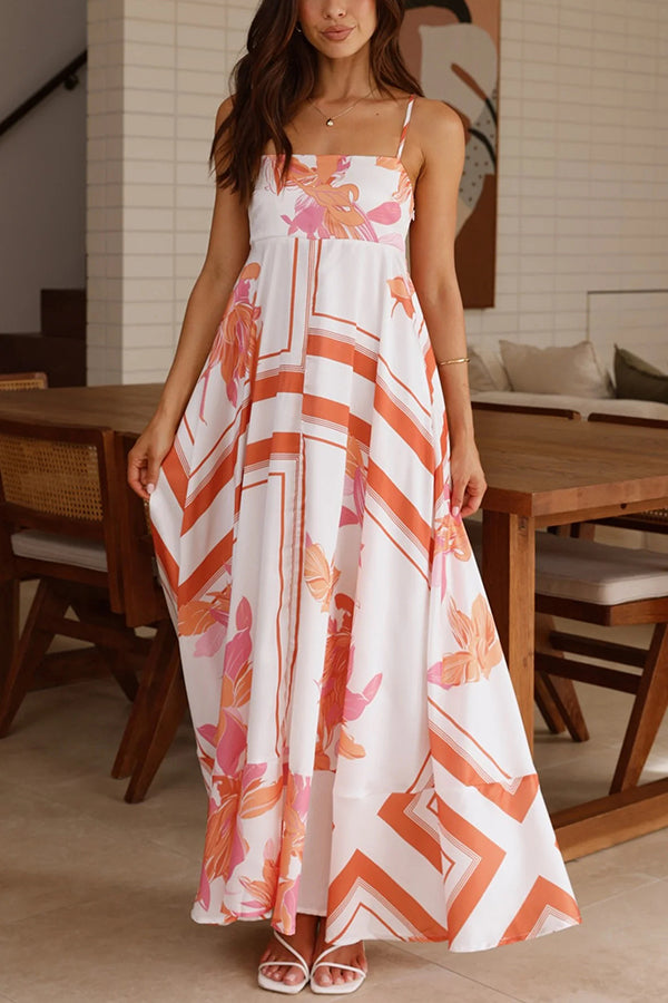 Botanical Print Halter Square Neck Pleated Loose Maxi Dress