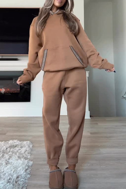 Tasman Braid Trim Kangaroo Pocket Hooded Sweatshirt and Elastic Waist Jogger Pants Set
