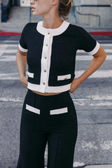 Fashionable Contrast Color Short-sleeved Button-down Top