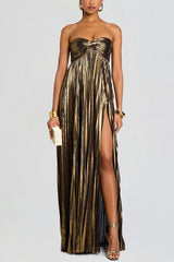 Metallic Sexy Tube Top Pleated High Slit Maxi Dress