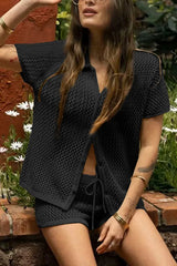 Fashionable Hollow Short-sleeved Casual Top and Elastic Waist Drawstring Shorts Set