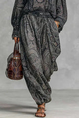 Unique Printed V-neck Long-sleeved Loose Top and Casual Pocket Wide-leg Pants Set