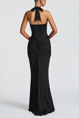 Solid Color Elegant Halterneck V-neck Open Back Tie Gathered Maxi Dress
