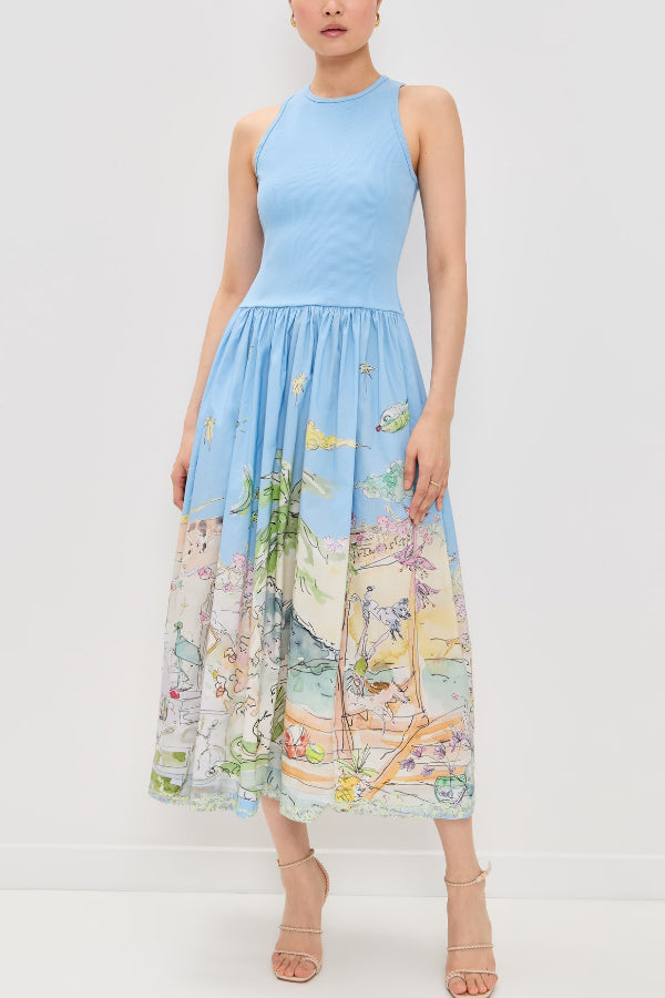 Ink Wash Print Round Neck Sleeveless Resort-style Midi Dress