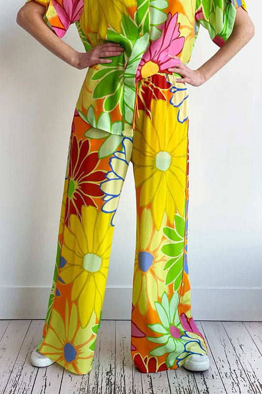 Trayce Colorful Floral Print Elastic Waist Pocketed Wide Leg Pants