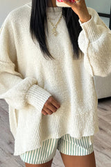 Solid Color Loose Long-sleeved Round Neck Knitted Split Sweater