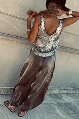 Chic Moment Glittery Fabric High Rise Elastic Wst Pocket Bubble Hem Pants