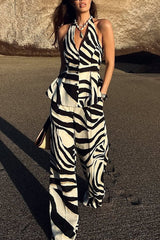 Zebra Print Halter Neck Backless Button-Down Top