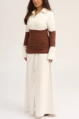 Fashionable Pleated Contrast Patchwork Waist Long Sleeve Button Shirt Maxi Dress