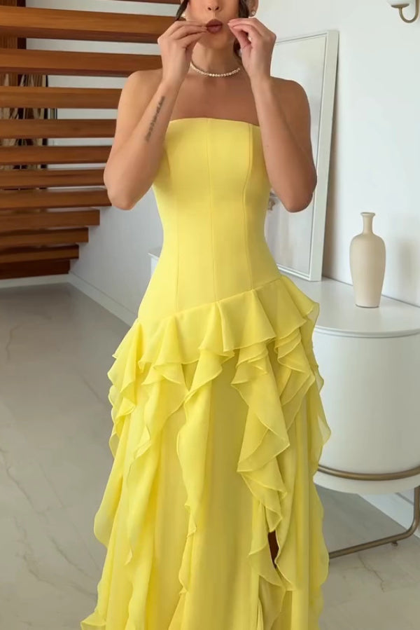 Elegant Sleeveless Off-shoulder Fitted Ruffled High Slit Maxi Dress