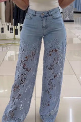 Fashion Hollow Lace Stitching Casual Pocket Denim Wide-leg Pants