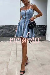 Fashionable Patchwork Suspender Zipper Slim Denim Mini Dress