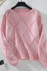 Fashionable Hollow Sequined Loose Rhombus Knitted Sweater