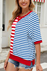 Striped Color Block Print Crew Neck Short Sleeve Loose Top