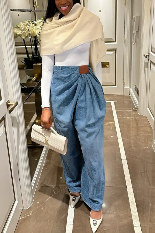 Stylish Pleated Casual Pocket Wide-leg Jeans