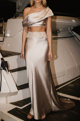 Anaya Satin Asymmetrical Off Shoulder Cropped Top and Lace Trim High Rise Maxi Skirt Set