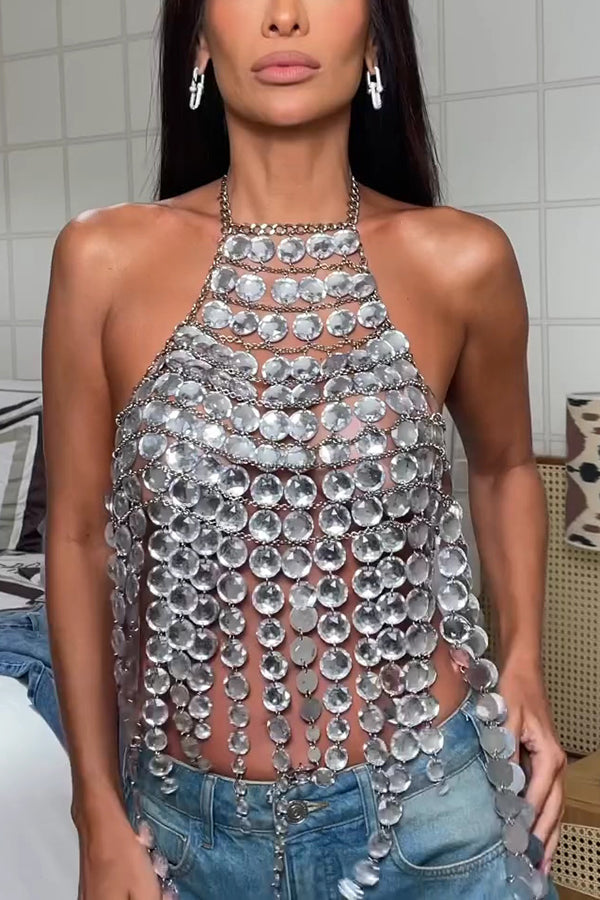 Sexy Halter Neck Metal Chain Gem Backless Vest