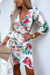 Sunshine and Roses Floral Puff Shoulder Wrap Mini Dress