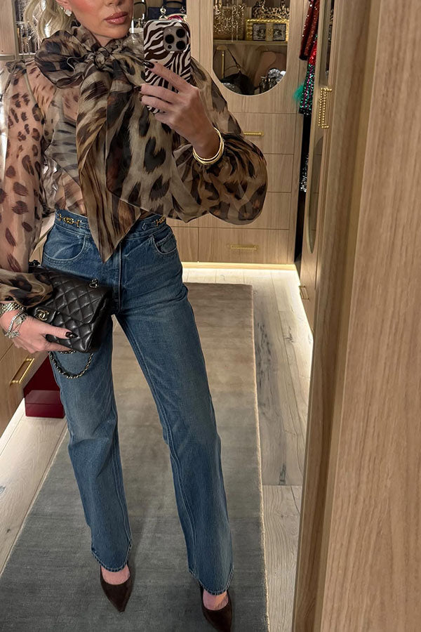 Peregrine Semi-sheer Silk Animal Print Bow Neck Balloon Sleeve Loose Blouse