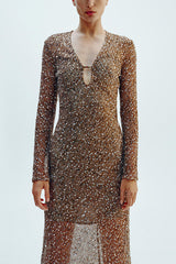 Fashion Sequined Hollow V-neck Long-sleeved Holiday Midi Dress