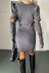 Best of Graph Knit Puff Sleeve Mitten Mock Neck Cutout Mini Dress