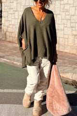 Fashion V-neck Loose Pocket Mid-length Knitted Poncho Sweater