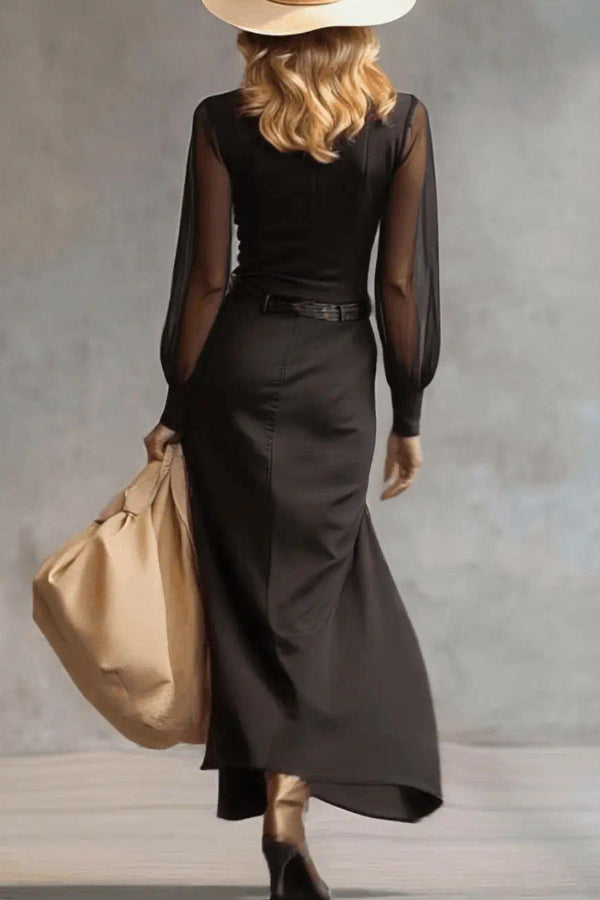 Fashionable Sheer Long-sleeved Casual Button-down Maxi Dress