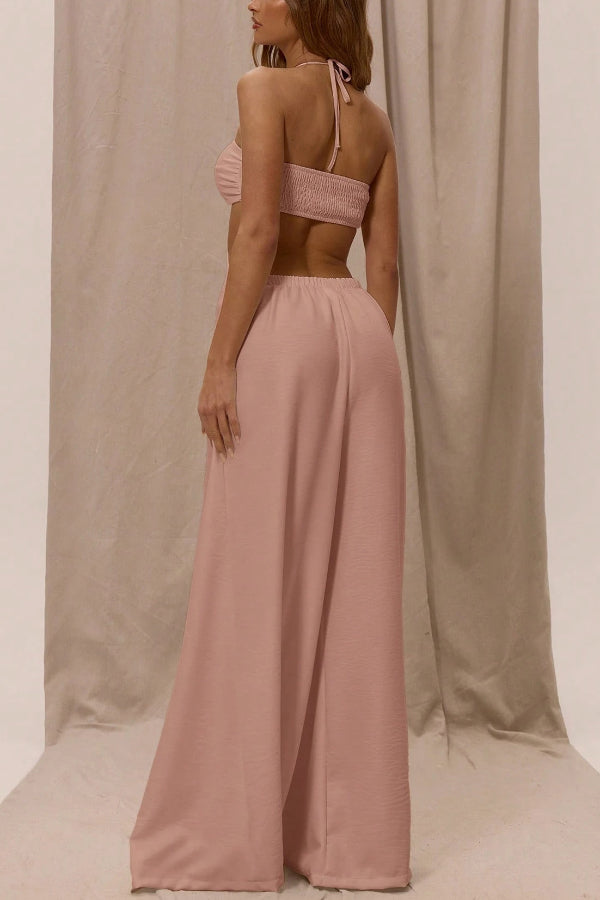 Solid Color Halter Neck Cutout Casual Loose Wide-leg Jumpsuit