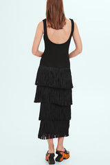 Solid Color Sleeveless Slim Fit Fringed Hem Knitted Midi Dress