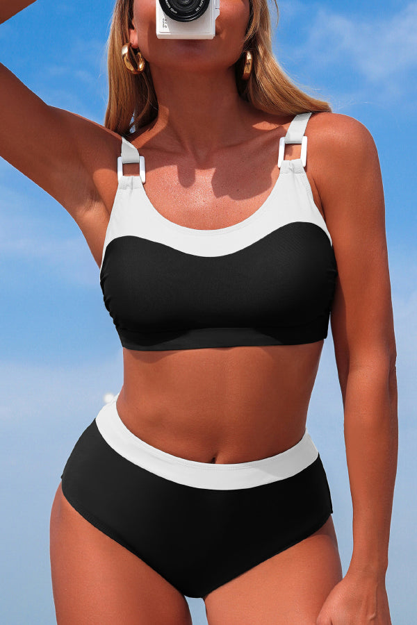 Stylish Color-blocked U-neck High-waisted Two-piece Stretch Bikini Swimsuit