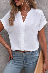 Solid Color Jacquard V-Neck Button Casual Shirt