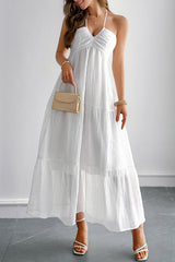 Solid Color Halterneck Tie Casual Holiday Style Maxi Dress