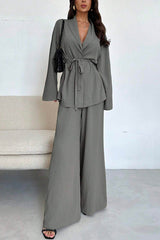 Solid Color Collared Long-sleeved Tie-wst Loose Top and Elastic Wst Casual Wide-leg Pants Set