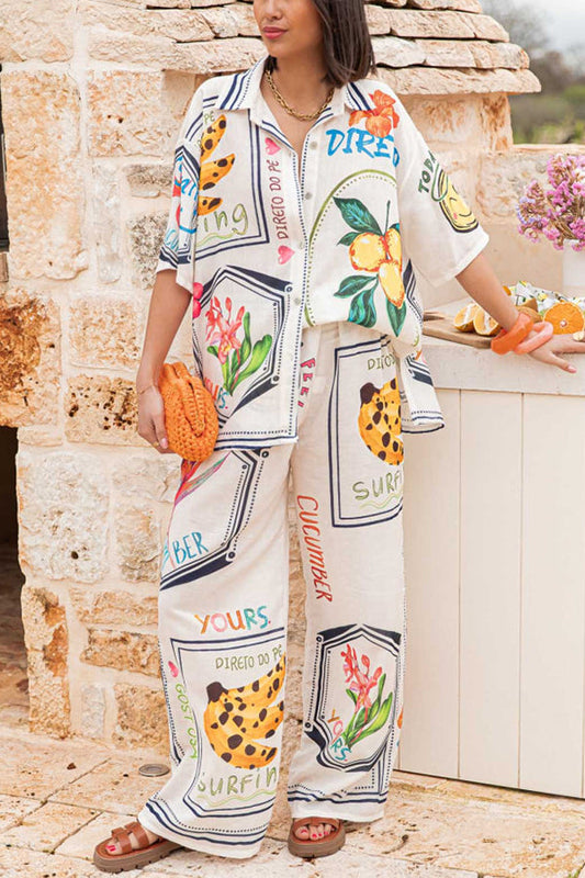 Summer Plant Fruit Print Casual Short Sleeve Shirt and Elastic Waist Loose Wide Leg Pants Set